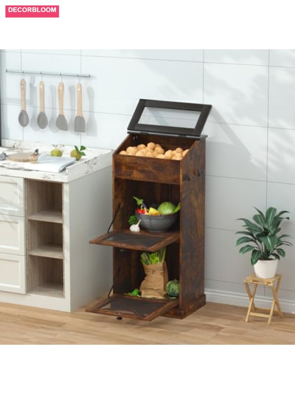 MDF Wood Potato Onion Storage Bin with Lid and Ventilated Wire Mesh Doors for